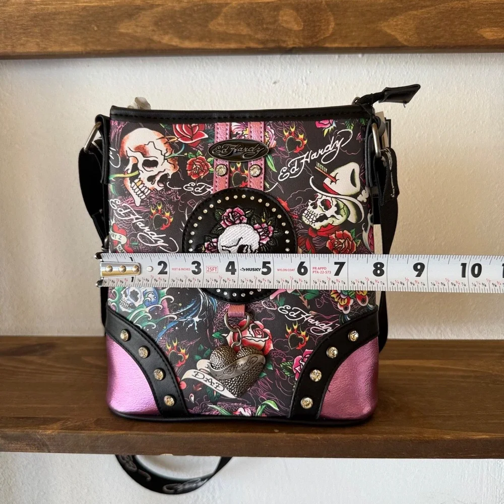 Ed Hardy Skull Roses‎ Tattoo Crossbody Bag Studded Y2K Purse NWT Metallic Pink
